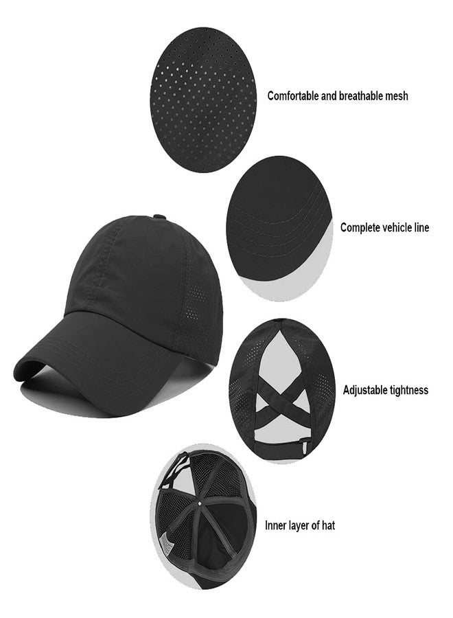 FGSS Criss-Cross Ponytail-Baseball-Cap for Women - Summer Adjustable Quick-Dry High-Messy-Bun Dad-Hat Fit for 22" Black - Image 3